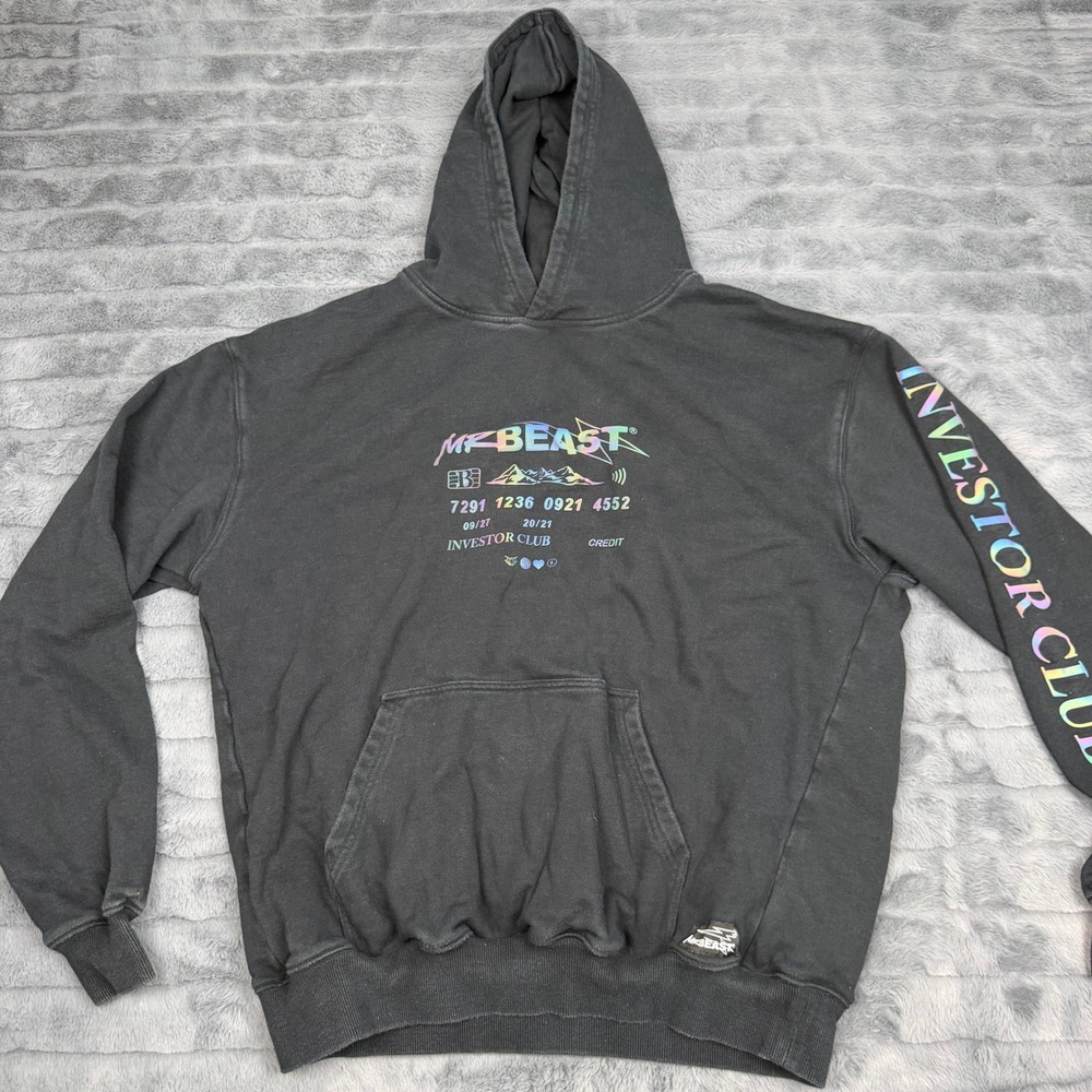 MrBeast Investor Club Hoodie Mens Medium Black Iridescent Graphic Sweatshirt